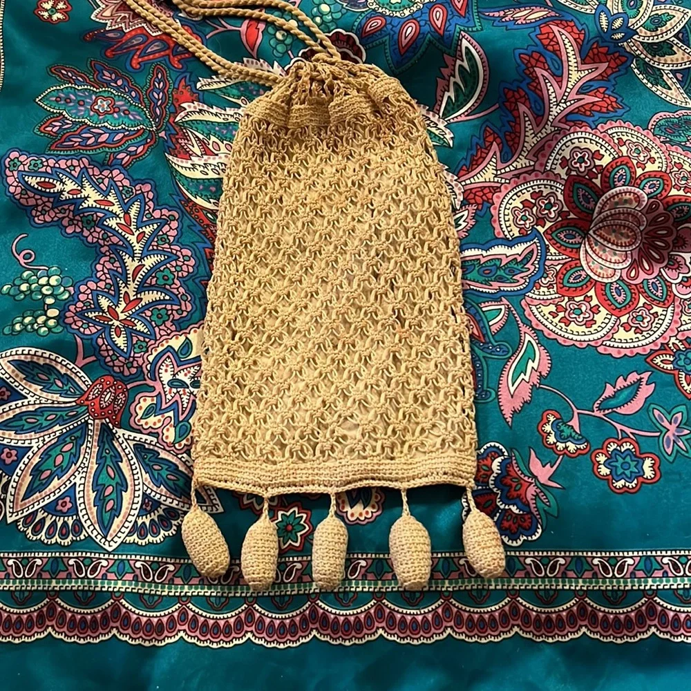Antique crocheted lace tassels clutch purse